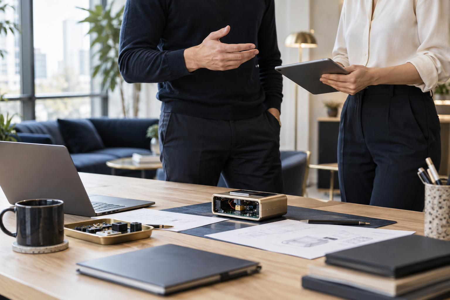 Założyciele startupu omawiają prototyp